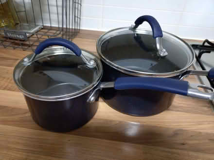 Photo of free Saucepans Offered, 1 large, 1 small saucepans, midnight blu. (Higham North area NN10) #1