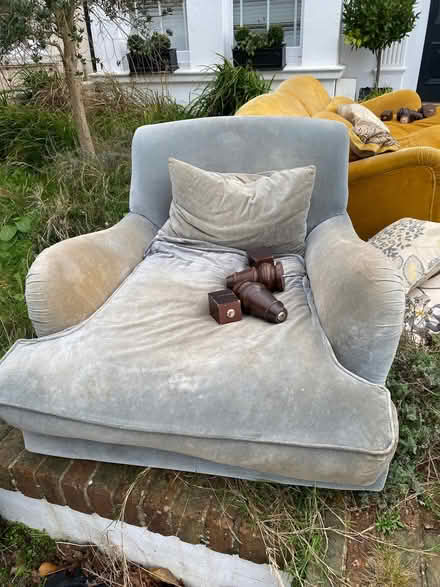 Photo of free Grey-blue velvet armchair with wooden legs (Hove BN3) #1