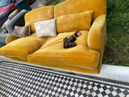 Photo of free velvet 3-seater mustard yellow sofa with dark wood feet (Hove BN3) #2