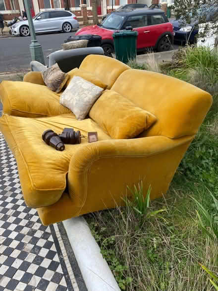Photo of free velvet 3-seater mustard yellow sofa with dark wood feet (Hove BN3) #1