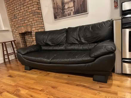 Photo of free Black leather sofa, minifridge, etc (Bed-Stuy) #2