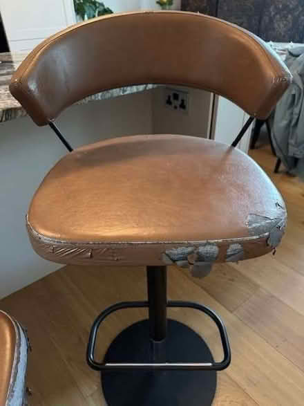 Photo of free Two Swivel Adjustable height Bar Stools (Damaged Tan Leather (Sion Hill) #1