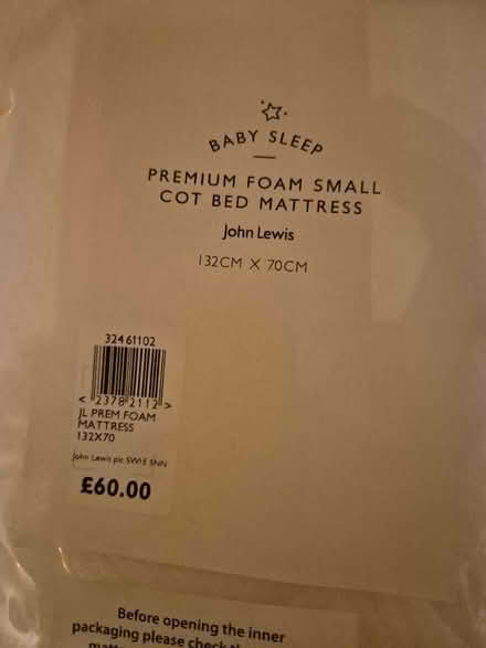 Photo of free John Lewis cot bed mattress unopened (Sherwood TN2) #2