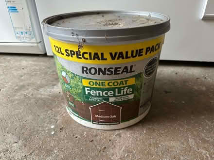 Photo of free 12 litres of Medium Oak Ronseal Fencepaint - NEW (Lostock Hall PR5) #1