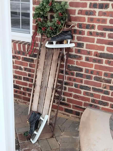 Photo of free antique sled, skates and wreath (Basking Ridge) #1