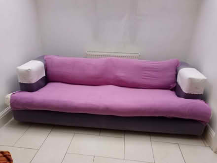 Photo of free habitat 3-seater denim-blue settee + throw (Uxbridge UB8) #1