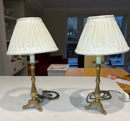 Photo of free Pair of table lamps, aged brass effect, cream shades (Chiswick W4) #1