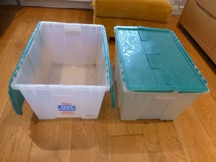 Photo of free 2 used plastic stackable storage boxes with lids (Chiswell Green AL2) #1