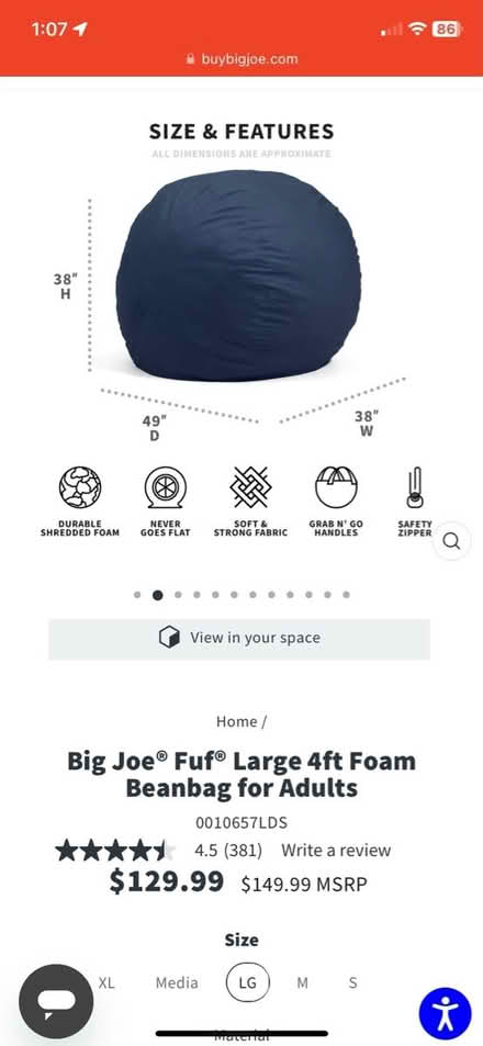 Photo of free Big Joe Adult Size Beanbag Chair (Maynard) #2