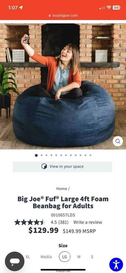 Photo of free Big Joe Adult Size Beanbag Chair (Maynard) #1