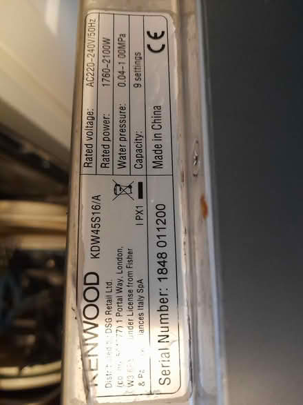 Photo of free Spares/repairs: Kenwood dishwasher (SW Edinburgh EH14) #2