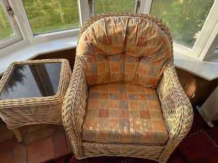 Photo of free 2 conservatory chairs and 2 glass topped tables (Great Shelford CB22) #1