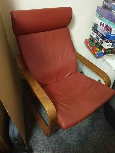 Photo of free 2 Ikea Red leather and wood chairs and matching footstool (Chorley Moor PR7) #1