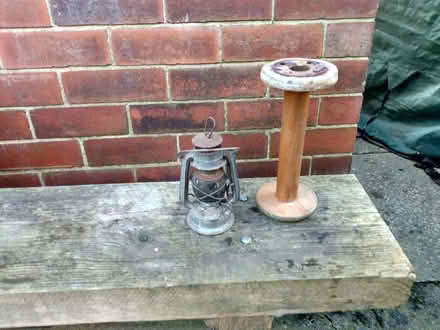 Photo of free Wooden bobbin and old paraffin lamp (Moortown LS6) #1