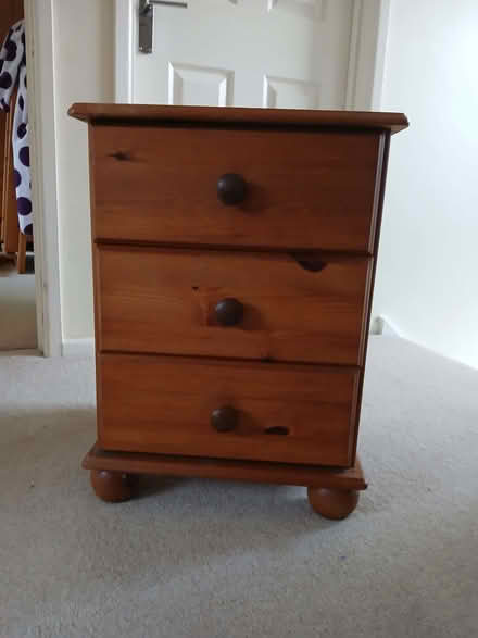 Photo of free Bedside cabinet, small, wooden, 3 draw (Malvern Wells WR14) #1