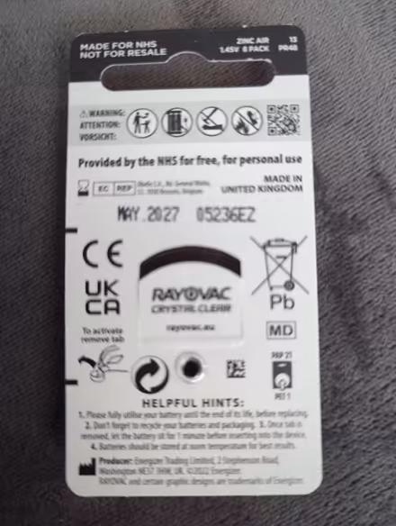 Photo of free 4 packs of size 13 Rayovac hearing aid batteries (Grangeway area NN10) #3