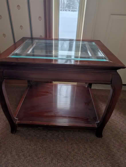 Photo of free Two glass top wooden side tables (Queensbury) #3
