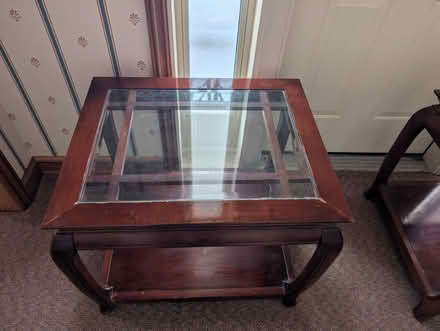 Photo of free Two glass top wooden side tables (Queensbury) #1