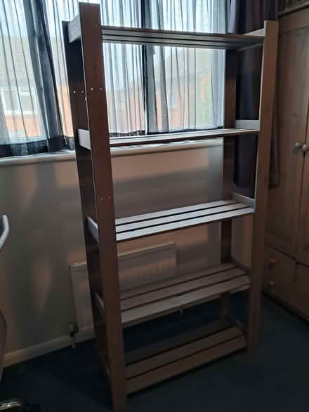 Photo of free Grey stained shelving unit 166cms high x 26cms depth x 83 cm (Lower Earley RG6) #1