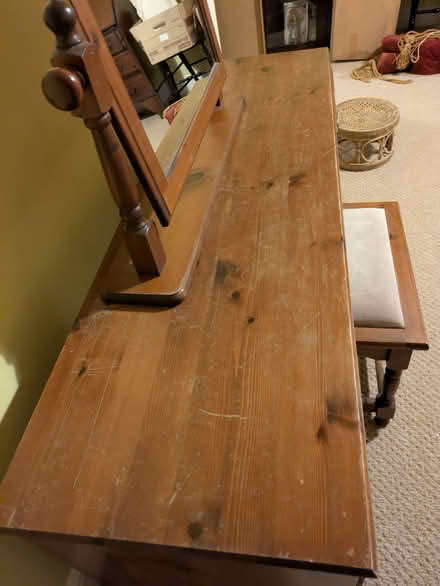 Photo of free Varnished pine dressing table with stool and mirror (Park Central B15) #1