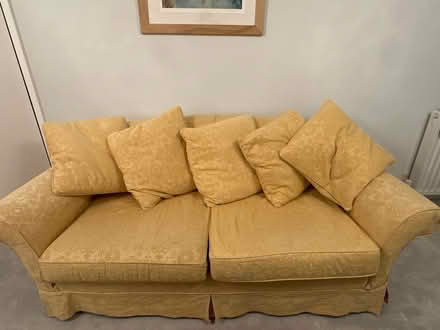 Photo of free Large yellow sofa with 5 cushions. (Great Shelford CB22) #1