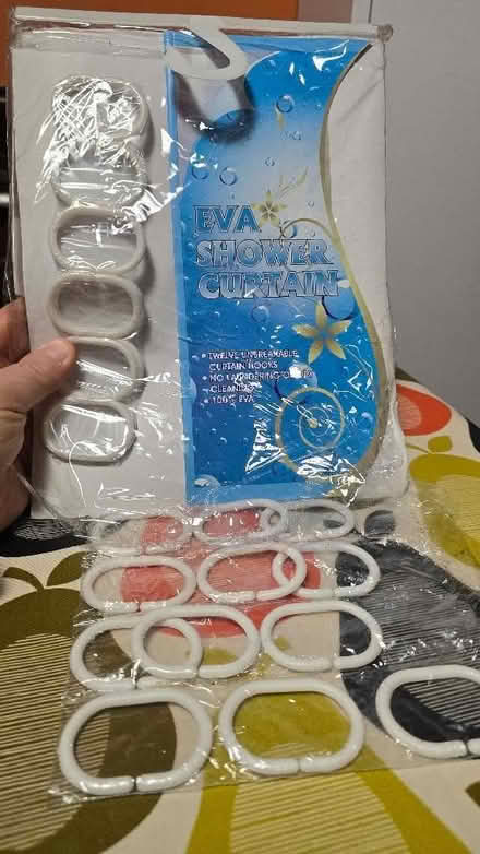 Photo of free Unused shower curtain, frosted plastic, extra curtain rings (Seven Kings IG3) #1
