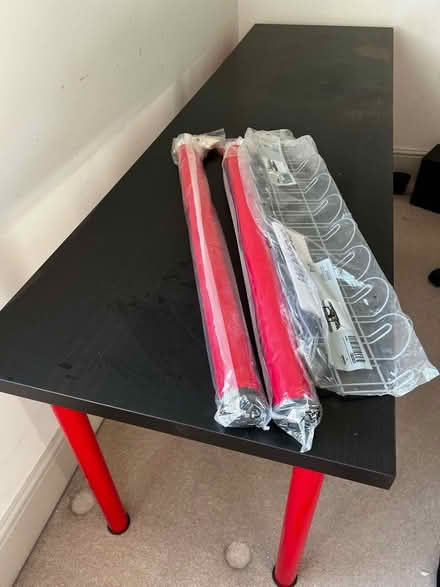 Photo of free Black desk with red legs and computer stand 60cm x 200cm. (Walton Manor OX2) #1