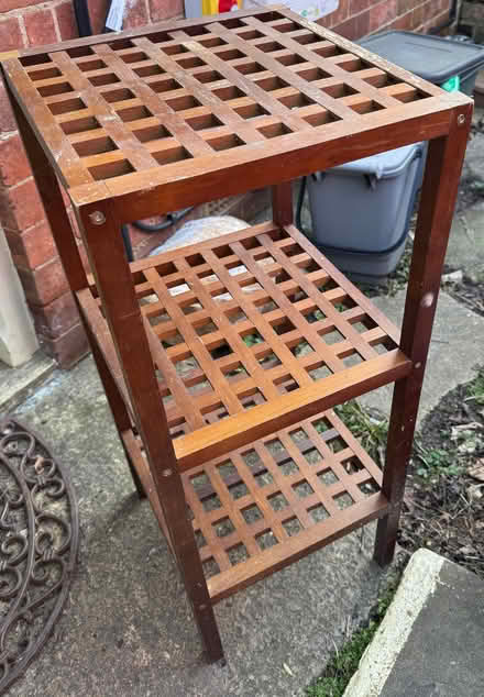 Photo of free 3 tiered wooden shelf/stand (Humphrey's End GL6) #1