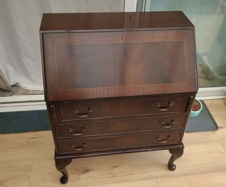 Photo of free Vintage writing desk with 3 drawers, brown, real wood! (Highworth SN6) #1