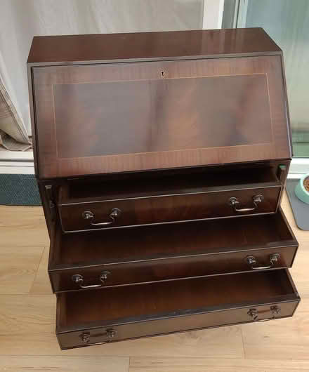 Photo of free Vintage writing desk with 3 drawers, brown, real wood! (Highworth SN6) #2