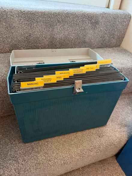 Photo of free Plastic filing box with folders (Weston) #1