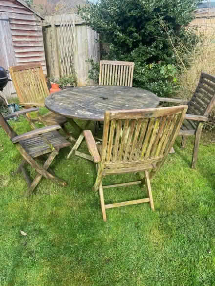 Photo of free Wooden Garden table and 5 chairs (Weeping Cross ST17) #1