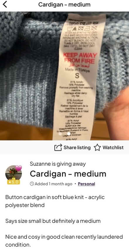Photo of free Blue cardigan (Newburgh WN8) #2