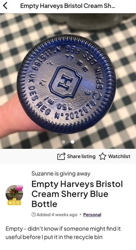 Photo of free Harvey Bristol sherry bottle empty (Newburgh WN8) #2