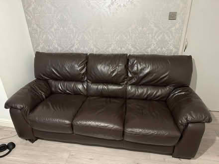 Photo of free 3 seater brown leather sofa (Oakwood derby) #1