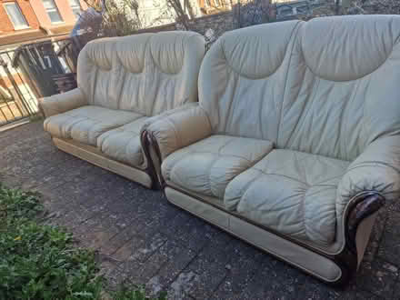 Photo of free 2 White leather sofas 3 +2 seater (Coombe road area) #1