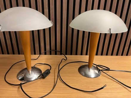 Photo of free Pair of IKEA metal, wood and glass bedside lights (Dane Mead RG24) #1