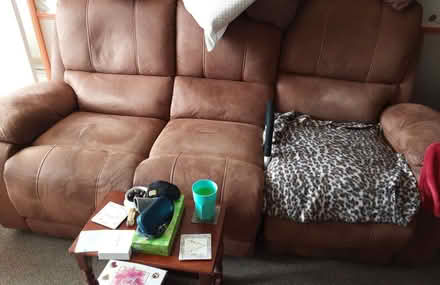 Photo of free 3 seater settee in tan gone asp (Standens Barn) #1