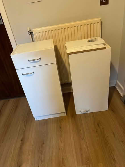 Photo of free Bathroom cupboards white (Knotty Ash L14) #1