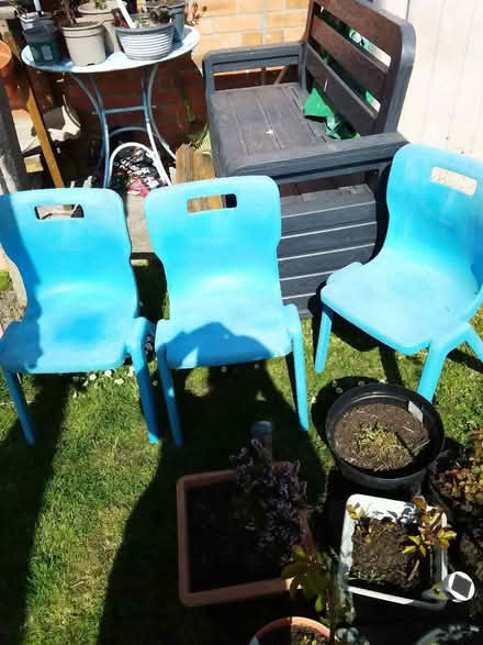 Photo of free 3 plastic blue kids chairs (Barry CF63) #1