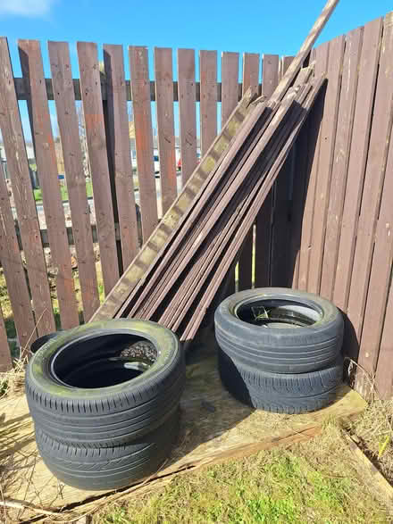 Photo of free 4 used tyres and old fencing (Boddam, Aberdeenshire) #1