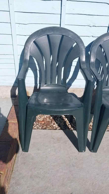Photo of free Three green plastic garden chairs (Ealing Pitshanger W5) #2
