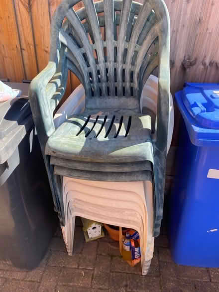 Photo of free 10 x plastic garden chairs (Runcorn WA7) #1