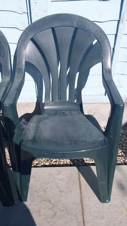 Photo of free Three green plastic garden chairs (Ealing Pitshanger W5) #4