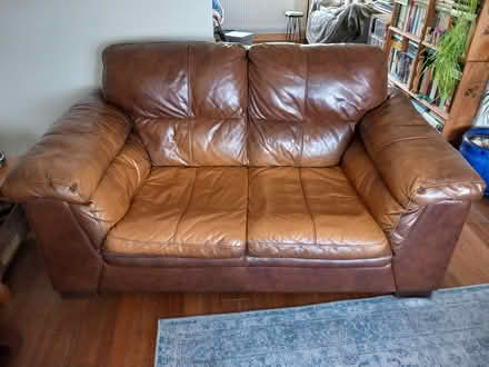 Photo of free 2 seater brown leather sofa (Caerphilly Hendredenny CF83) #1