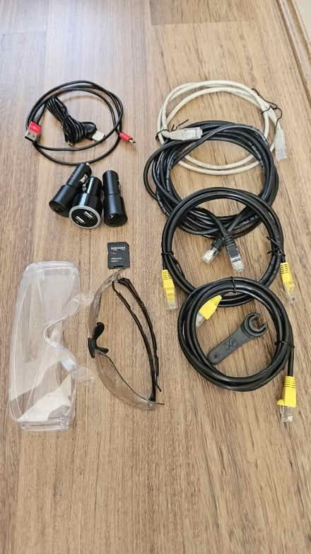 Photo of free Various cables, chargers & safety glasses (ME8, Gillingham) #1