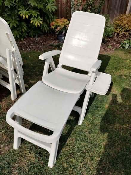Photo of free 2 white plastic sun loungers with footrest and drinks tray (Hanworth RG12) #3