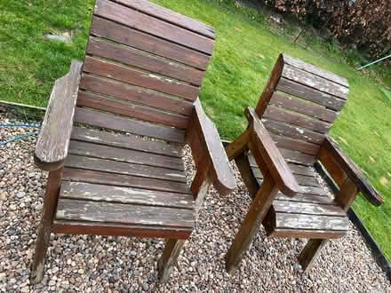 Photo of free 2 chairs and bench solid wood garden chairs (Temple Sowerby CA10) #1