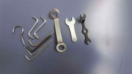 Photo of free 6 smallish Allen keys, 2 mini spanners and a screw in hook. (New Malden KT3) #1