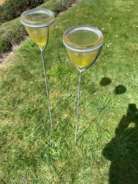 Photo of free 2 garden candle holders, metal spikes + coloured glass (West Malvern CP WR14) #1
